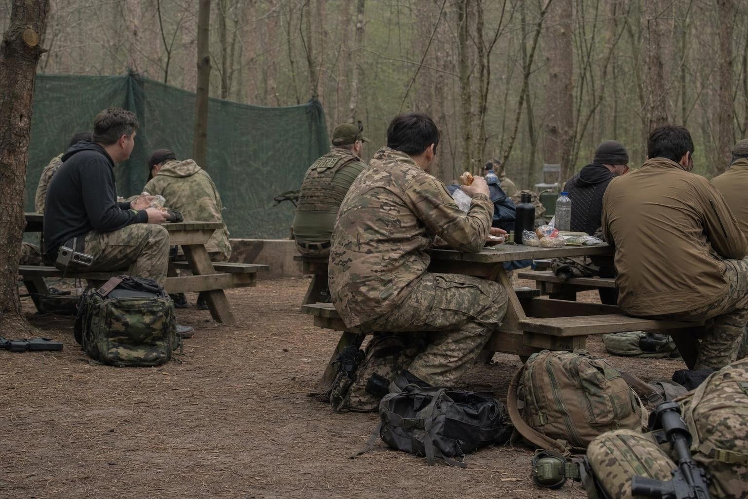 Airsoft players resting and eating lunch in a woodland safe zone