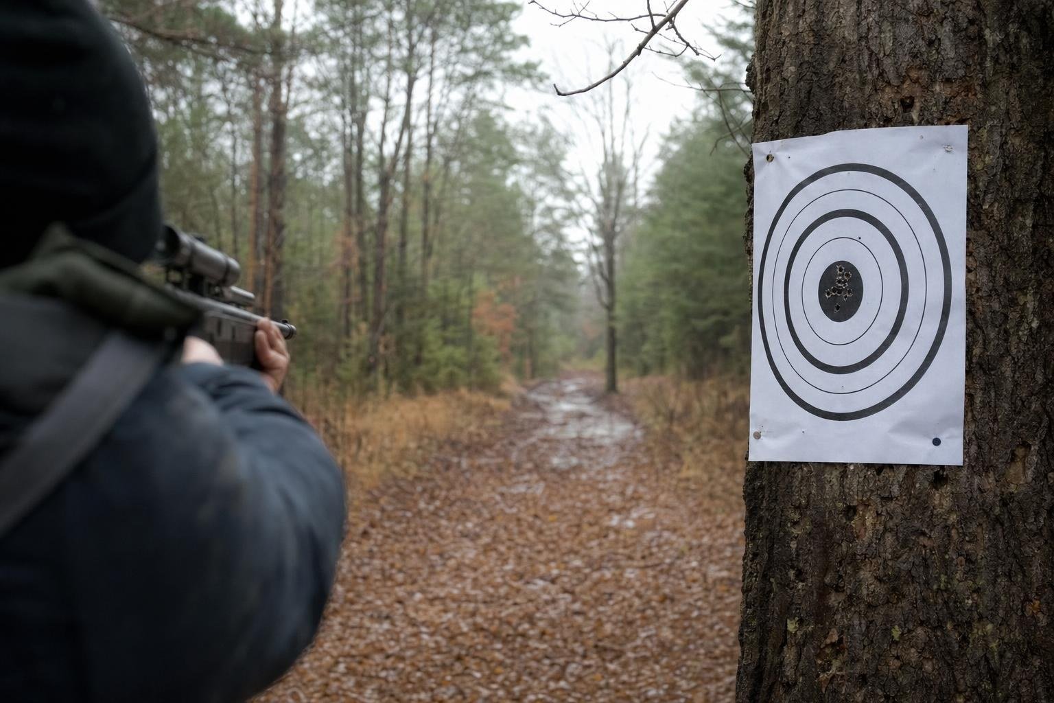 A paper target pinned to a tree at a woodland range with a cluster of BB marks