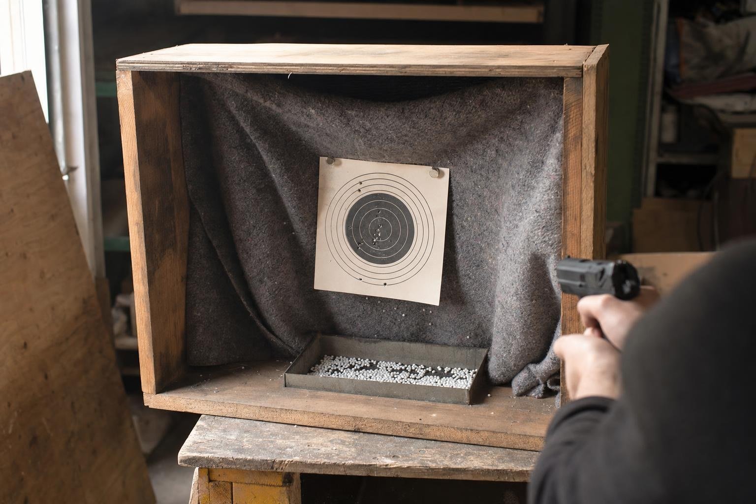 A homemade wooden BB catcher box with a hanging fabric curtain inside
