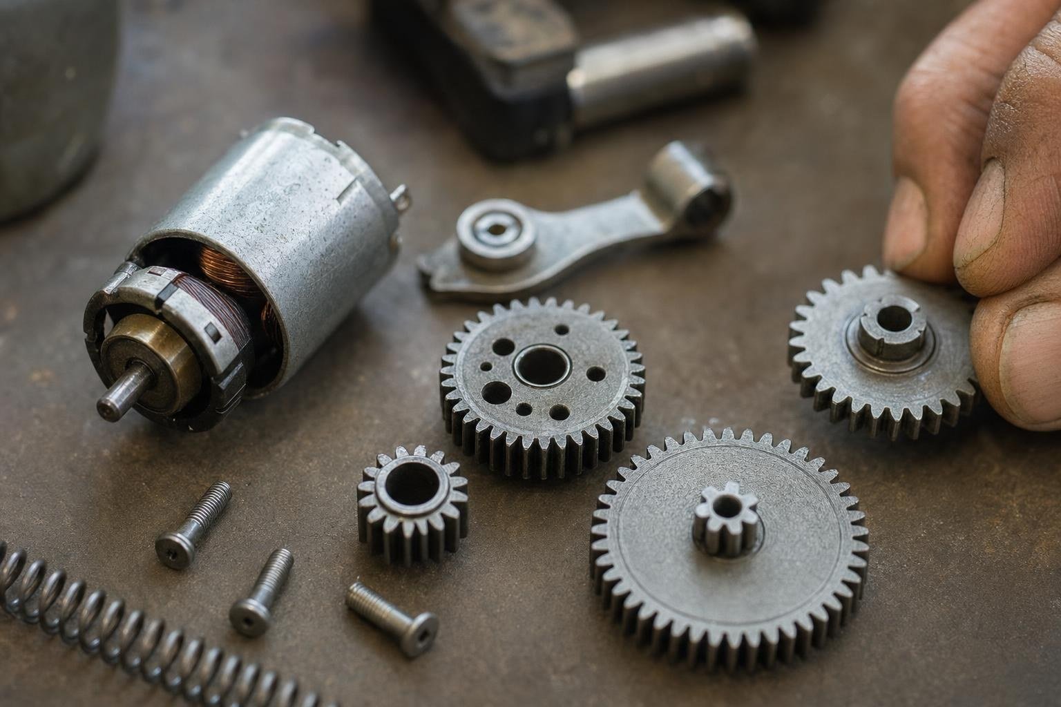 Close-up of small metal gears and a motor on a workbench