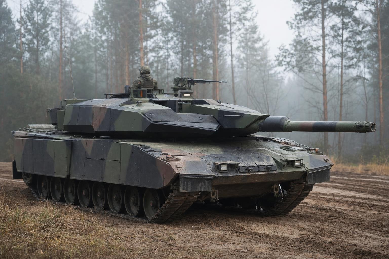 A Leopard 2 style tank with a wedge-shaped turret in a forest clearing