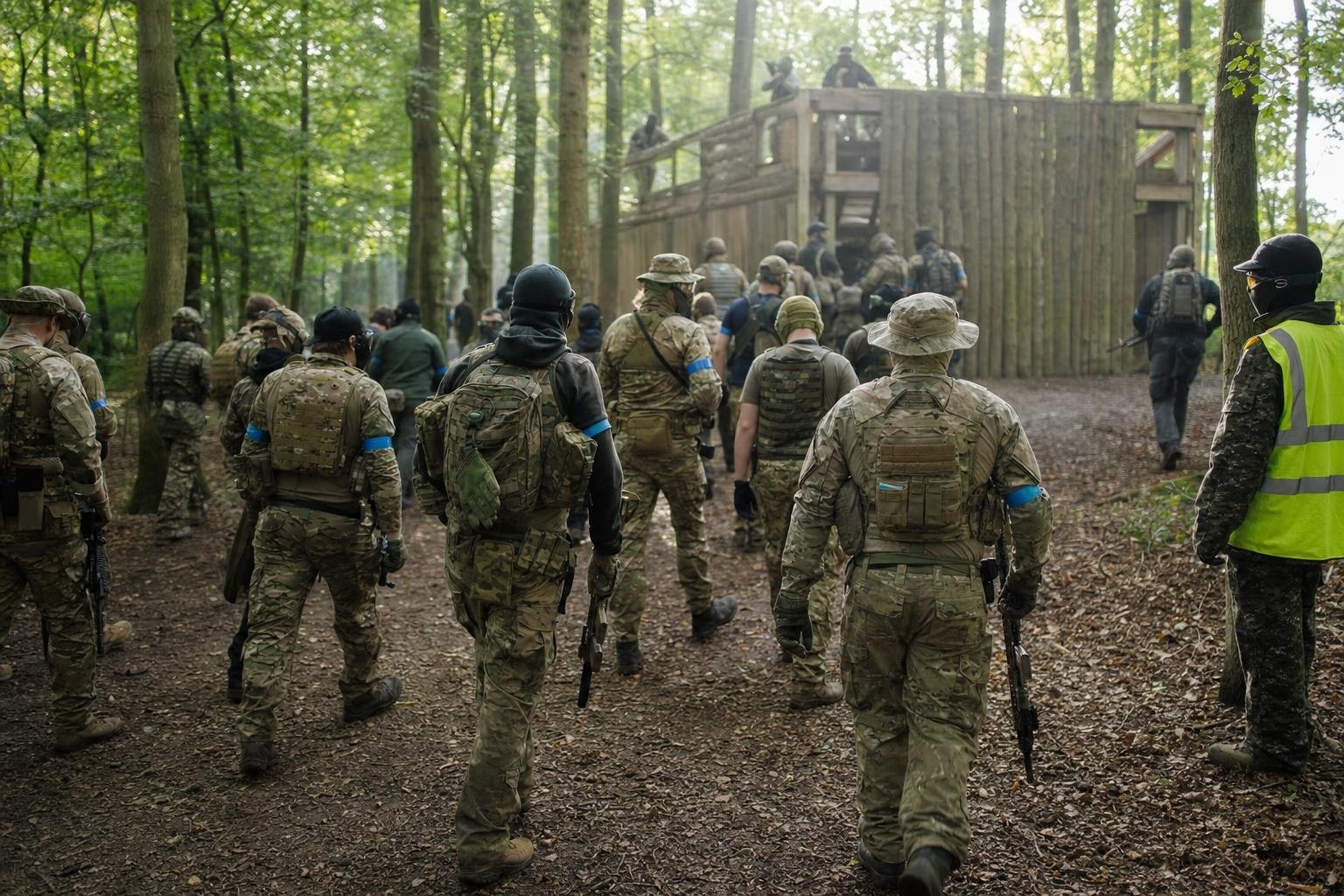 Modern airsoft game at a UK woodland site with many players