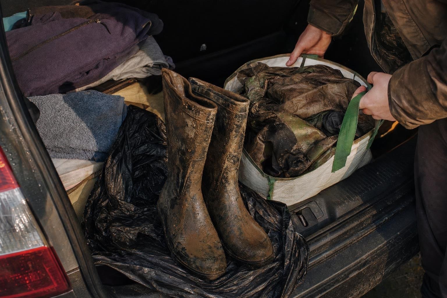 Muddy boots and a bag of dirty clothes next to clean spare clothes in a car boot