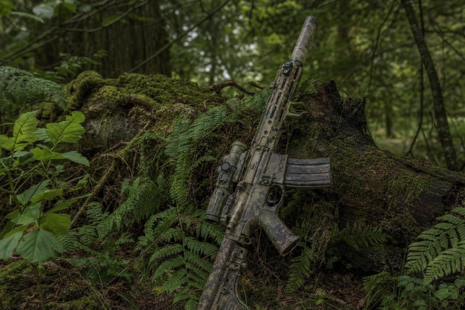 Camo painted airsoft rifle resting against a mossy log in woodland