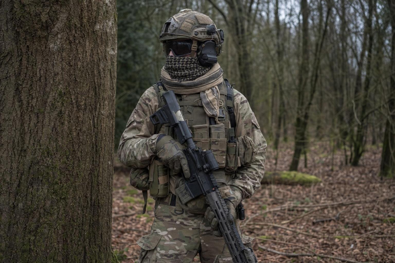 Airsoft player dressed in a special forces style impression with plate carrier and night vision mount