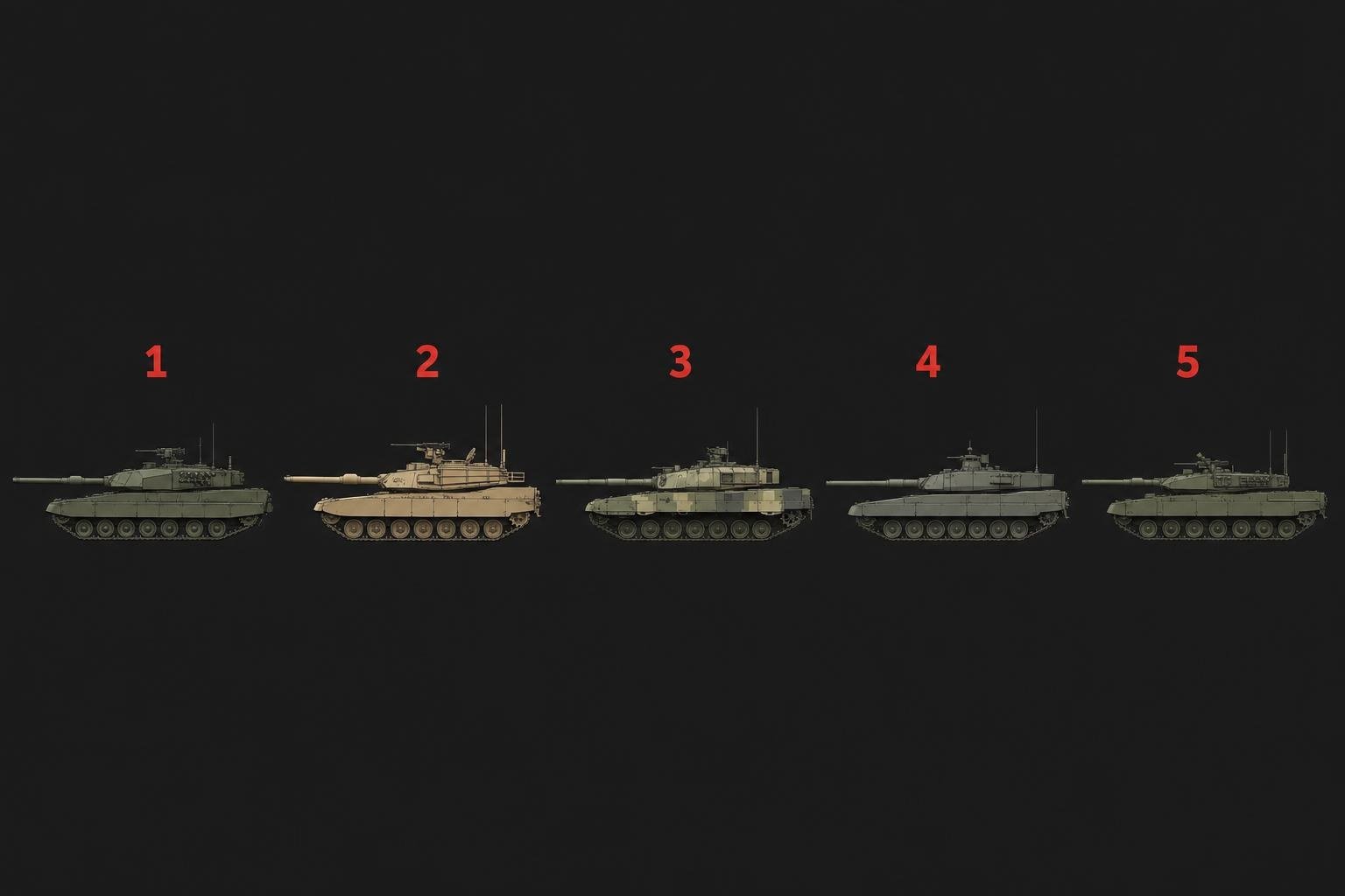 Illustrated side profile silhouettes of five modern tanks for size comparison