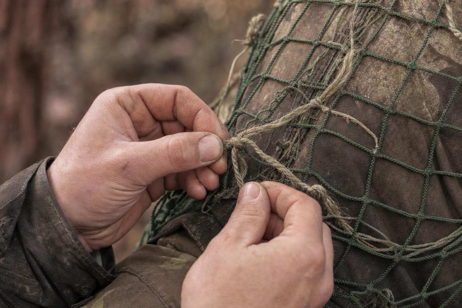 Close-up of hands tying jute strands onto square netting with a lark’s head knot